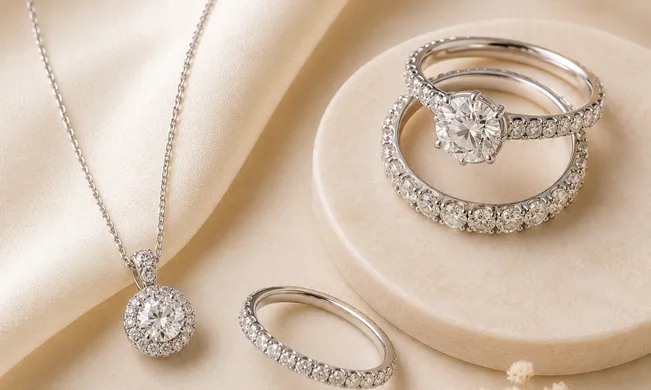 Silver necklace and rings on a cream stand