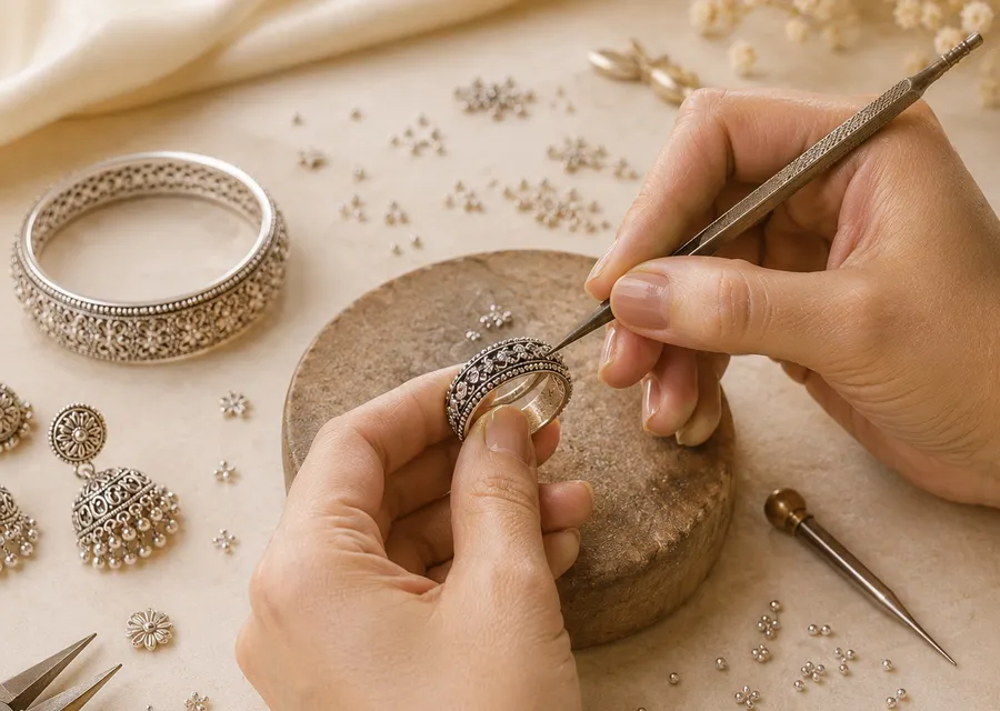 Hands shaping a silver ring on a bench pin with a graver, silver bangle and jhumkas beside it