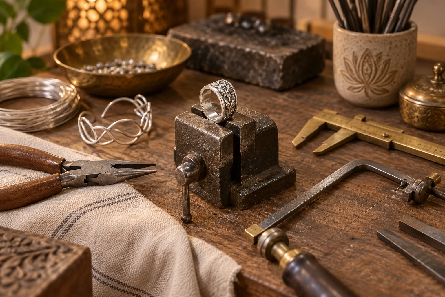 Silver jewellery, precision tools and a ring on a jeweller workbench
